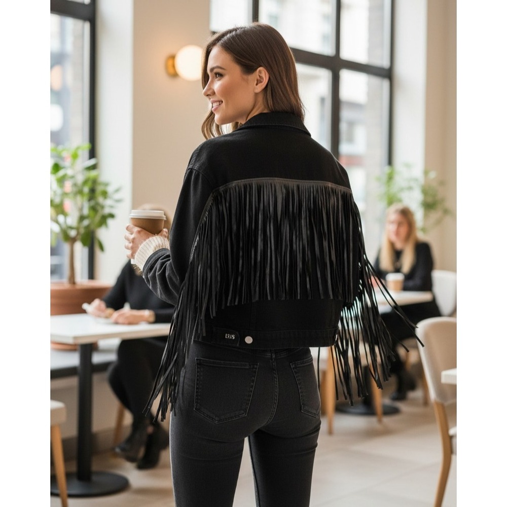 LELIS Black Cropped Fringed Denim Jacket – Size Medium, Casual Style
